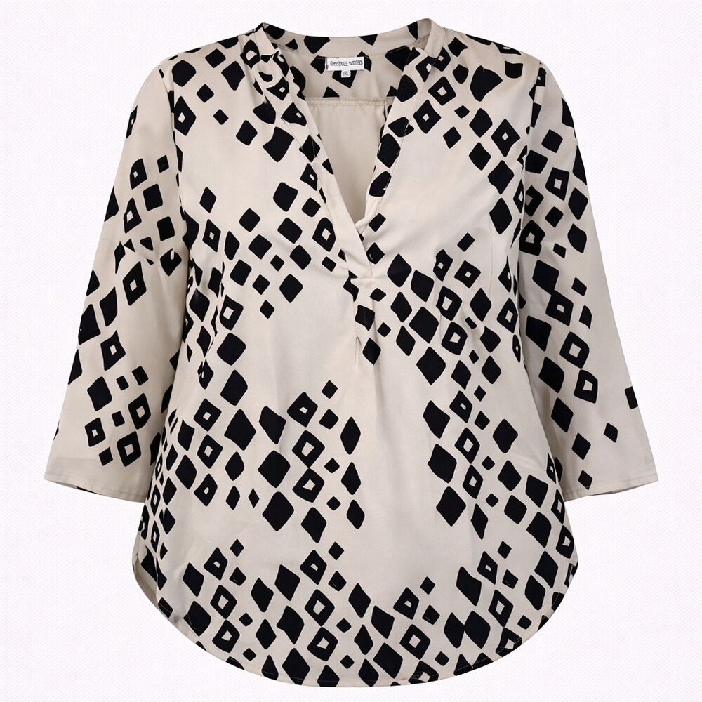 Buckhead Betties Women XXL Tunic Blouse Tan‎ Black Diamond Print Roll Tab Sleeve